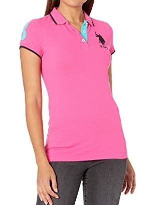 US POLO ASSN. Women Shirt Polo Us Polo Pink W/NAVY Trim, Logo