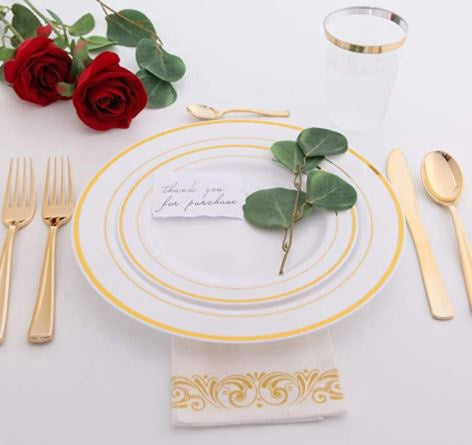 GENERIC Dinnerware Plastic Plate Set 60PCS Gold Rim 30 Salad & 30 Dinner Plate