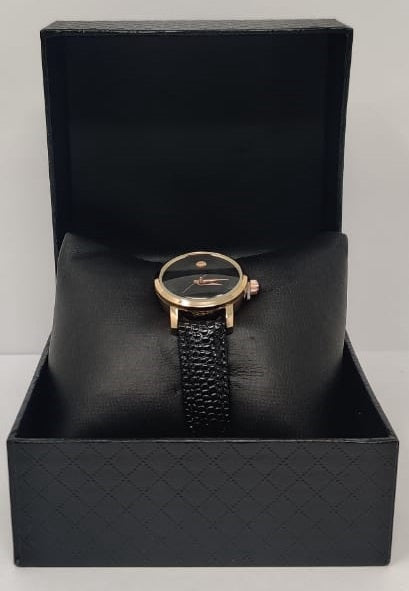 GENERIC Watch Fashion Women Rose Gold with Black Leather Ripple Strap