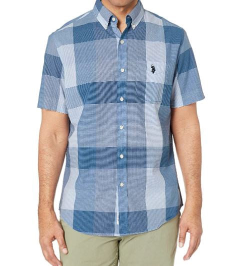 US POLO ASSN. Men Shirt Short Sleeve Button Down Us Polo Plaid Navy