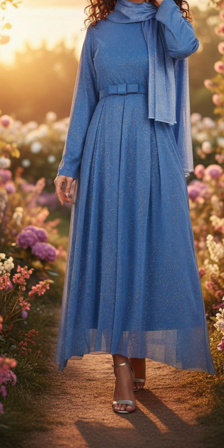 Dress Evening Lined Sparkle with Bow Belt Mint / Blue