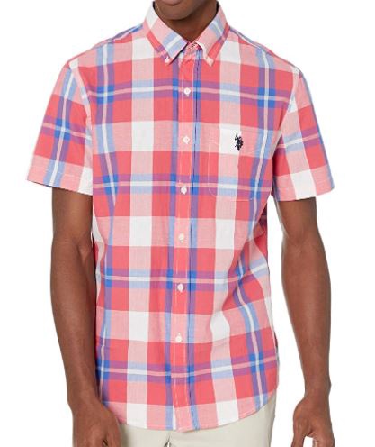 US POLO ASSN. Men Shirt Short Sleeve Button Down Us Polo Plaid Pink
