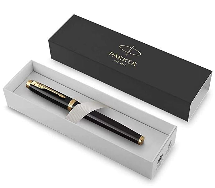 PARKER Pen Rollerball, Black Lacquer Gold Trim with Fine Point Black Ink Refill IN Gift Box 1931659