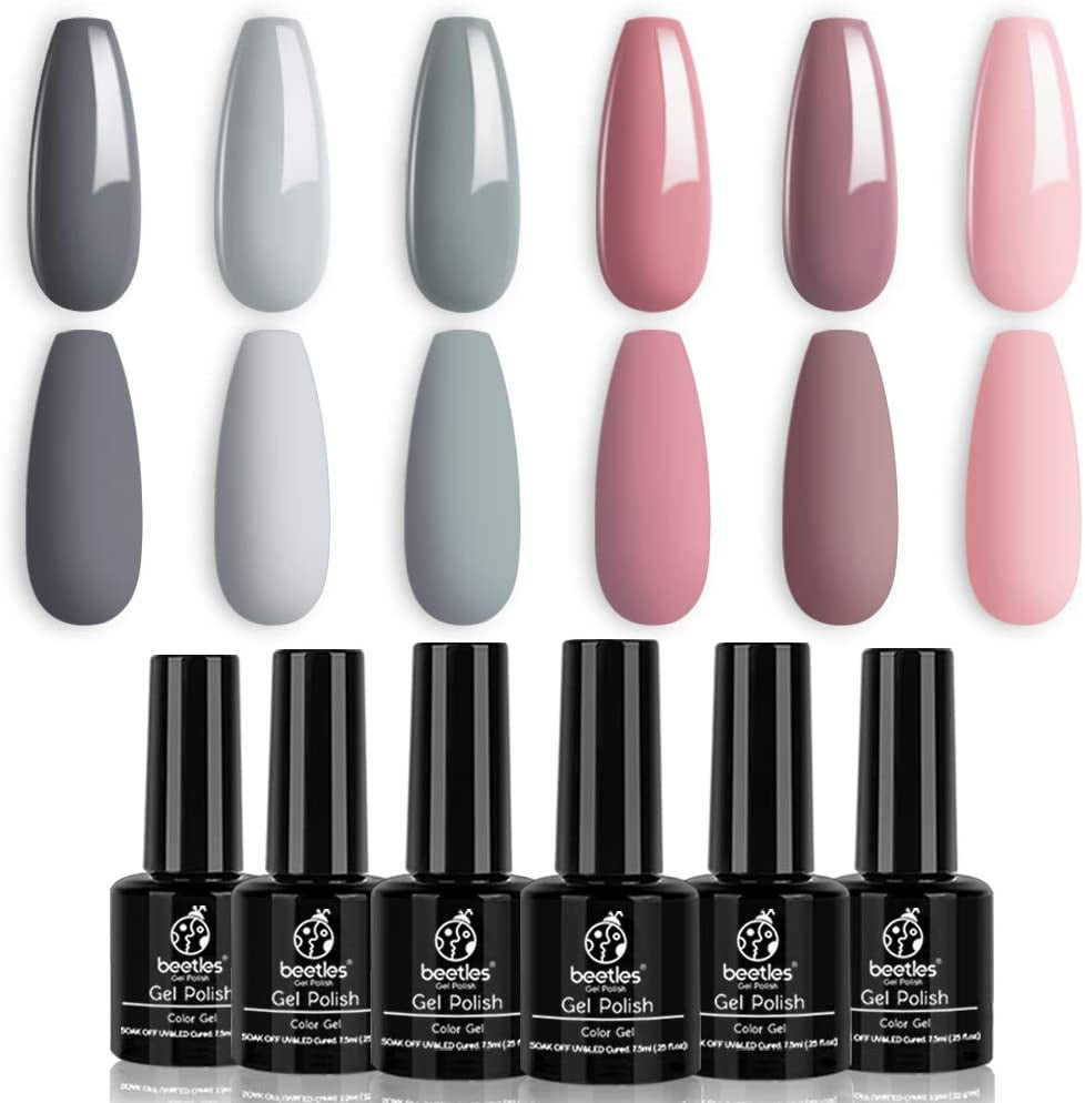 BEETLES Nails Polish Set Bridesmaid Beauty Classic Gel Nail Polish Set - Nude Gray Pink 6 Colors Gel Polish Kit Popular Nail Art Design Soak Off LED Lamp Nail Polish Gel Manicure Kit Holiday Git Set
