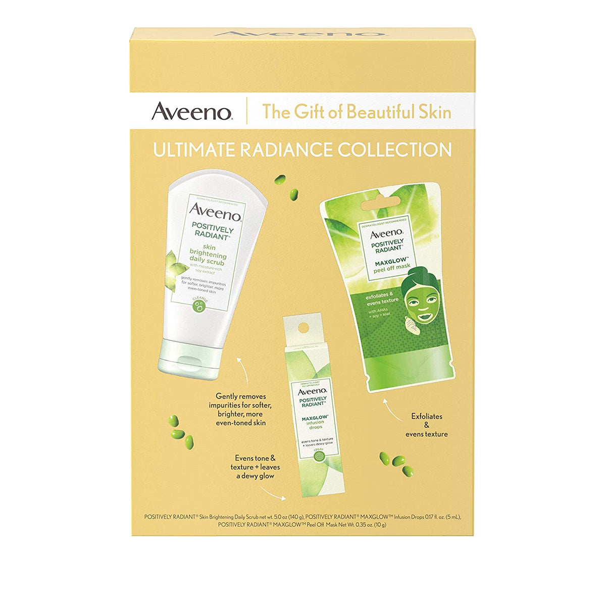 AVEENO Lotion Set Women Ultimate Radiance Collection Skincare Gift Set with Brightening Daily Face Scrub, PEEL-OFF Face Mask, and Infusion Drops, Evens Skin Tone for Softer, and Glowing Skin, 3 Items