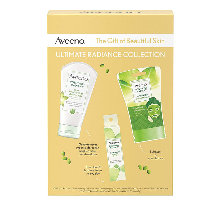 AVEENO Lotion Set Women Ultimate Radiance Collection Skincare Gift Set with Brightening Daily Face Scrub, PEEL-OFF Face Mask, and Infusion Drops, Evens Skin Tone for Softer, and Glowing Skin, 3 Items