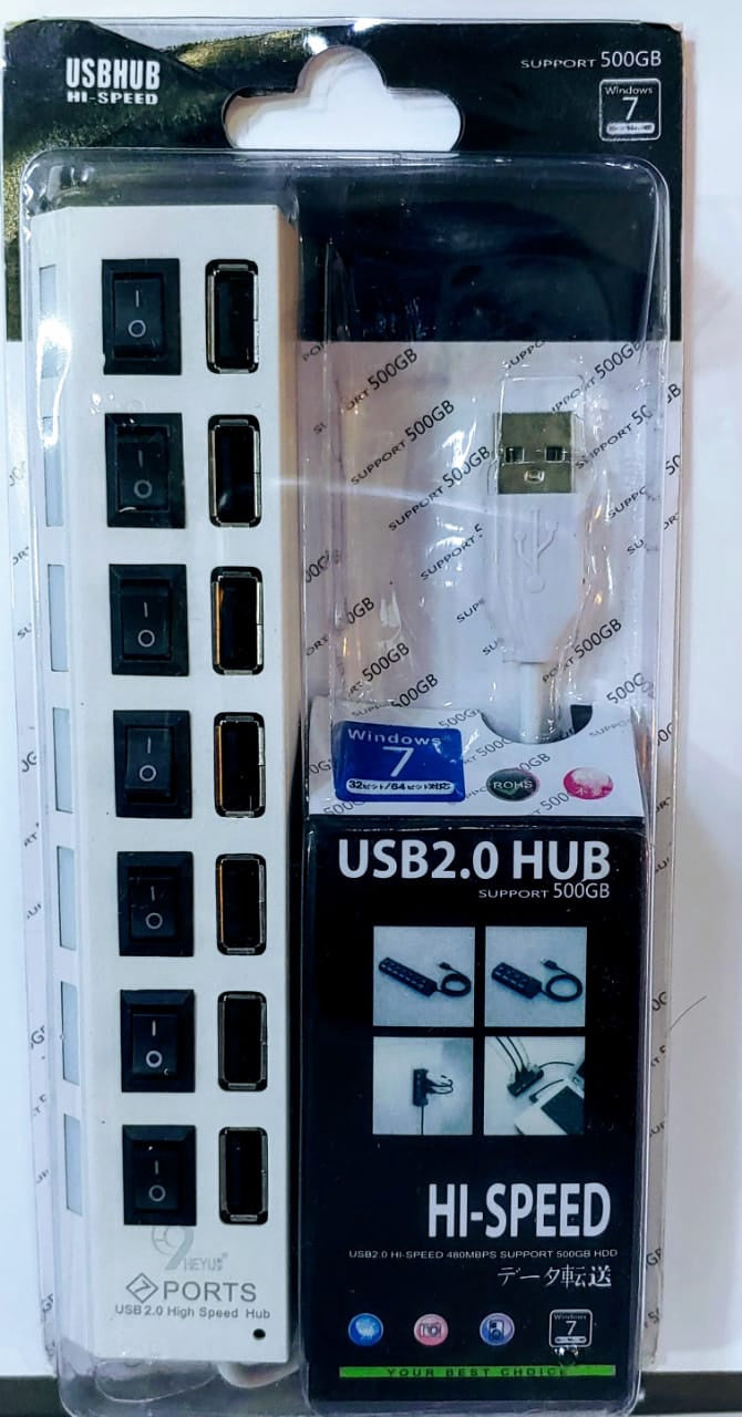 Computer USB Hub 7 Port with Switch USB 2.0 Hub Hi Speed 500GB Heyu