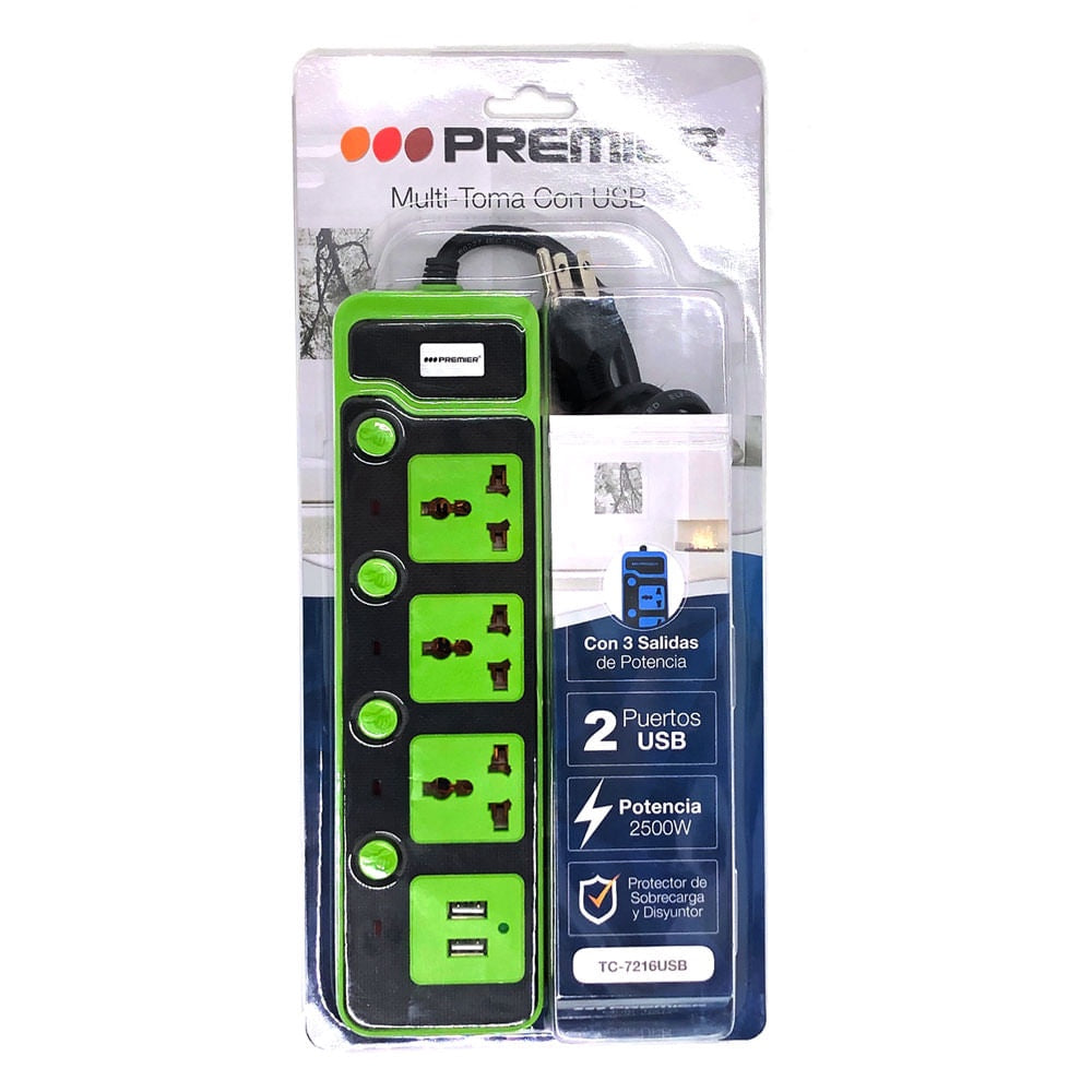 PREMIER Power Strip with USB 3 Outlet TC-7216USB Green / Blue
