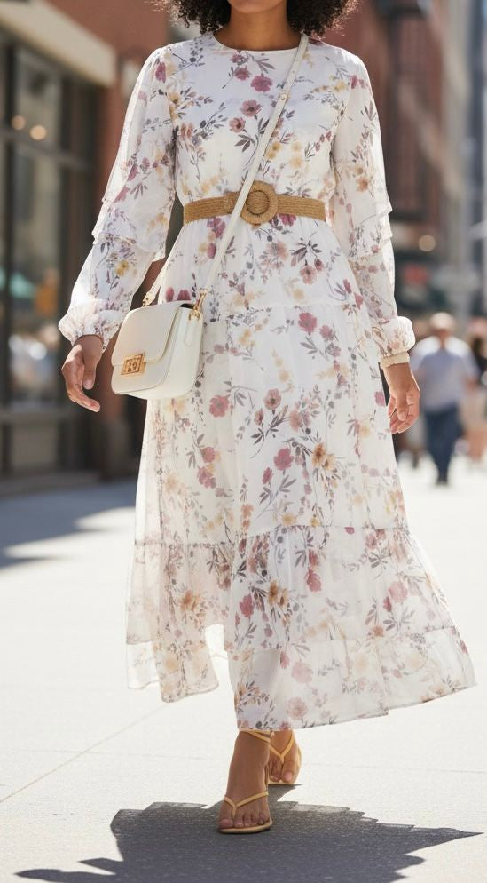 Dress Floral Lined Ruffles White / Black /Lilac