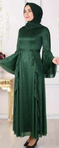 MIHIR Dress Emerald Shimmer Bell Sleeve