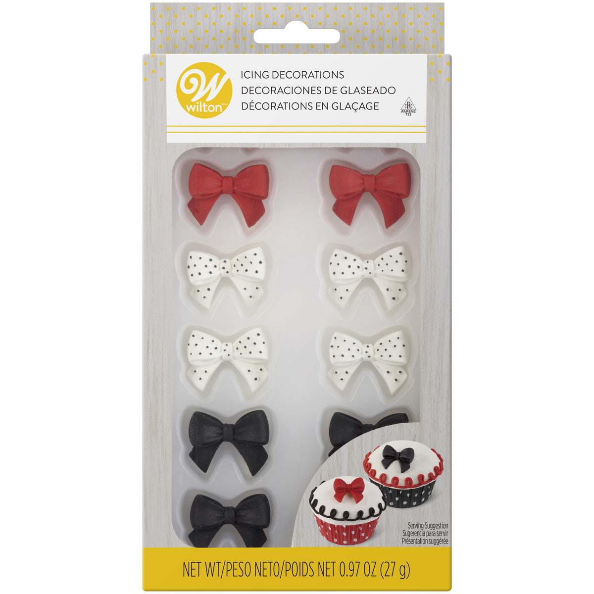 WILTON Baking Icing Decorations Black White & Red Bows 12PCS Pack .95OZ 27G 708-0-0172