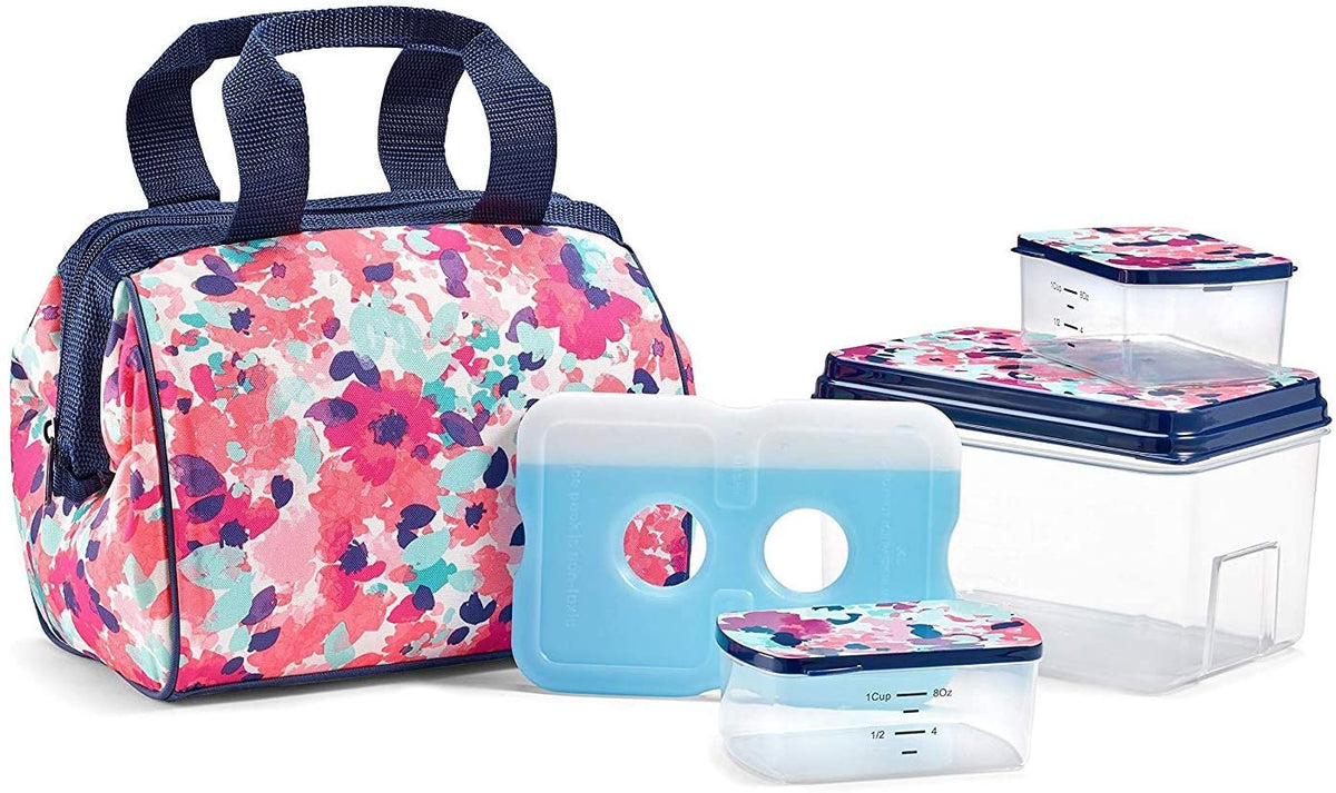 Bag Insulated Lunch Fit & Fresh Charlotte Lunch Bag Kit, 9” X 6” X 8”, Pink Floral Wash Included Components: 1 Lunch Bag and Container Set