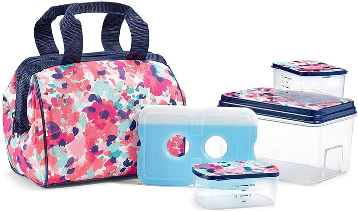 Bag Insulated Lunch Fit & Fresh Charlotte Lunch Bag Kit, 9” X 6” X 8”, Pink Floral Wash Included Components: 1 Lunch Bag and Container Set
