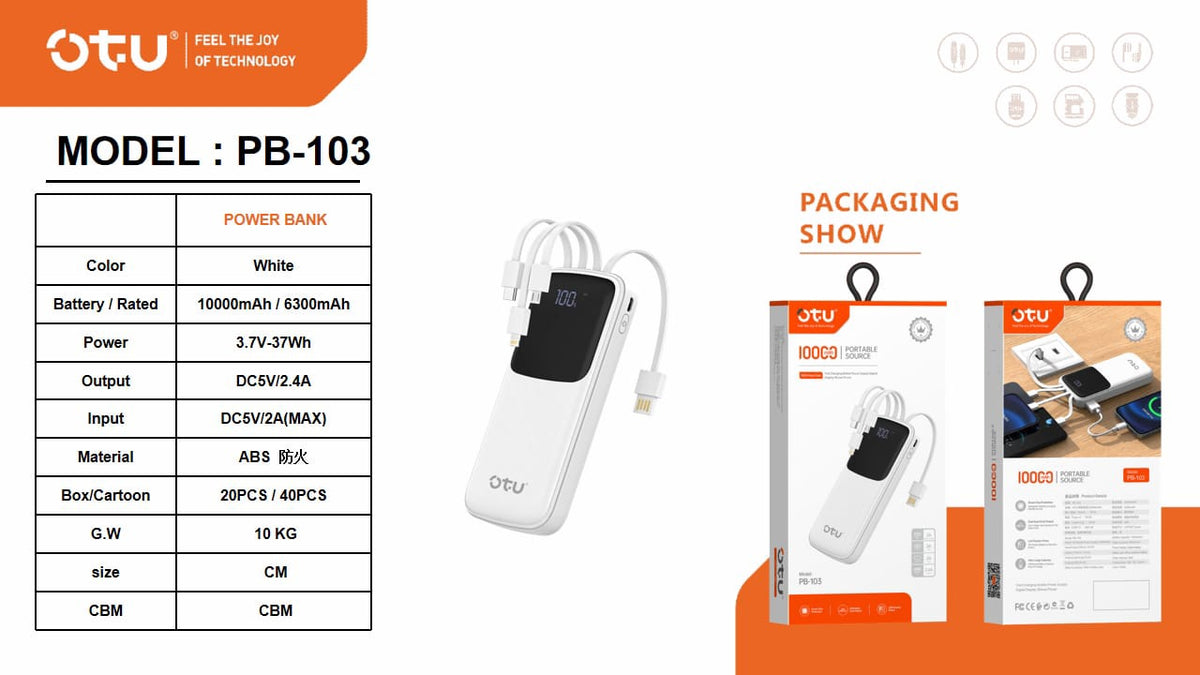 OTU Power Bank PB-103 10, 000MAH Portable Source Mobile Power Supply