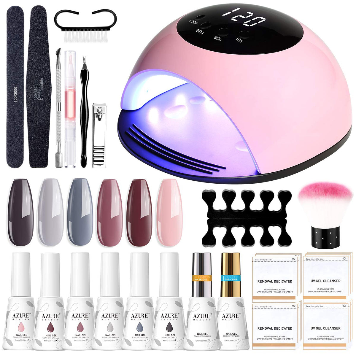 AZUREBEAUTY Nails Gel Nail Polish Start Kit with 84W Nail Lamp, Gel Nail Polish Kit Nude Pink Glitter 6 Colors 10ML Gel Polish and No Wipe Top and Base Coat, Soak Off Gel Color Set Manicure Tools