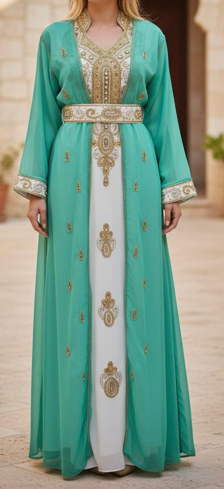 Gown Beaded Turquoise Gold