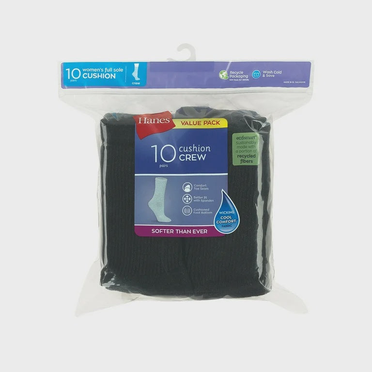 HANES Women Socks 10PACK Crew Black