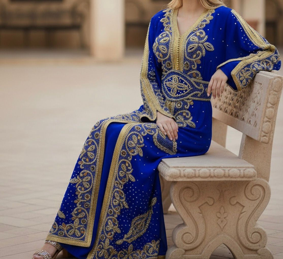 GENERIC Gown Beaded Royal Blue Gold Beads with Band