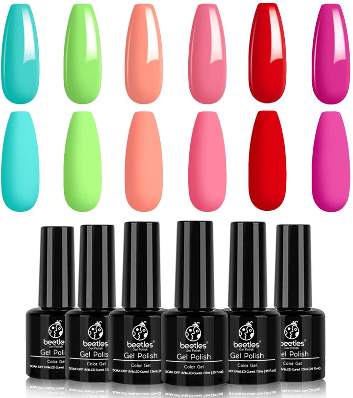 BEETLES Nails Polish Set Gel Watermelon Wedge Collection Nail Gel Polish 6 Pcs Peachy Teal Blue Red Hot Pink Gel Polish Kit Soak Off LED Nail Lamp Cured Base and Top Coat Nail Art Salon Diy At Home