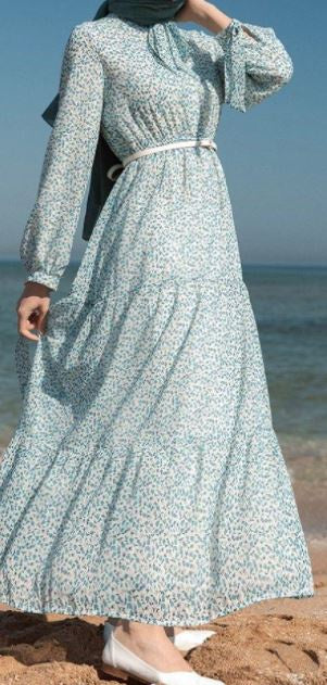 Dress Lined Floral Blue Tie Detail on Sleeve