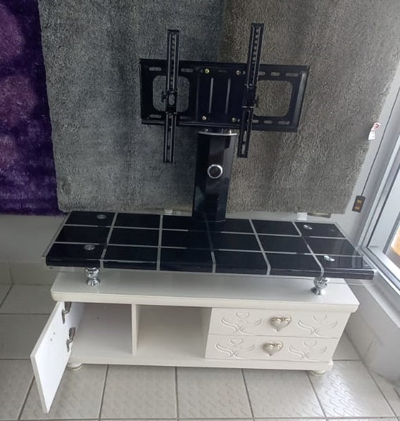 TV Stand Glass and Wood with Mount Black and White with Draw