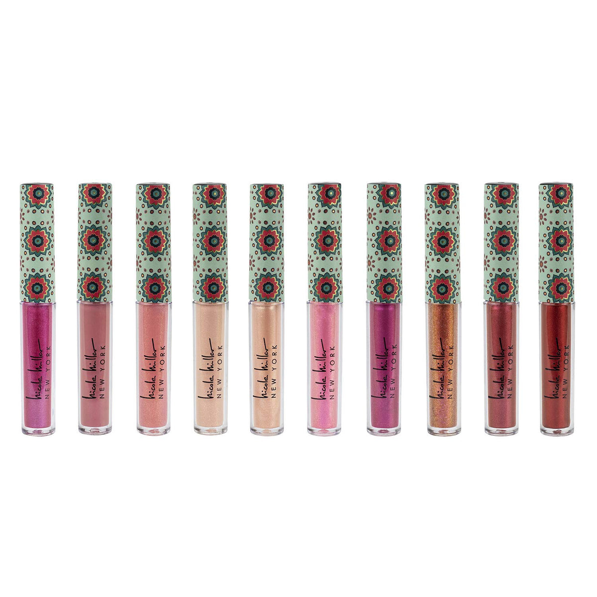 NICOLE MILLER Makeup Lip Gloss 10 Pack Shimmery Lip Glosses for Women and Girls, Long Lasting Color Lip Gloss Set with Rich Varied Colors (Green)