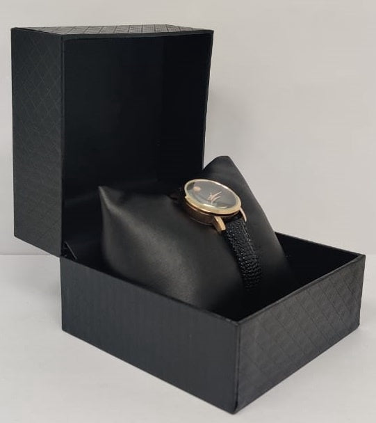 GENERIC Watch Fashion Women Rose Gold with Black Leather Ripple Strap