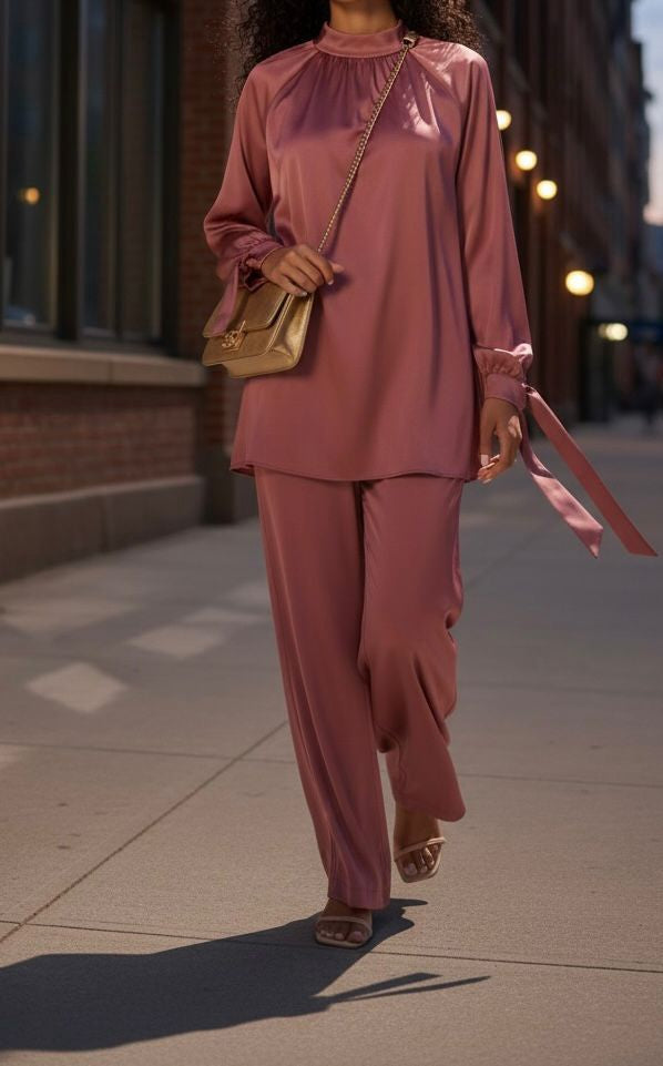 Pants Suit 2PC Set Satin Rose