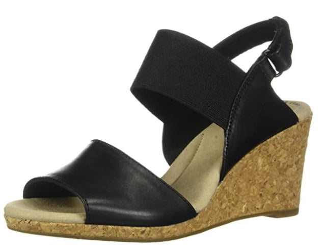 CLARKS Footwear Women's Lafley Lily Wedge Sandal Black LEATHER/TEXTILE Combi