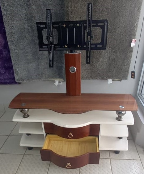 TV Stand Glass and Wood with Mount Brown and White with Draw