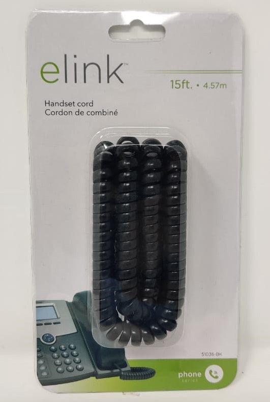 ELINK Telephone Handset Coiled Cord 15' 4.57M Black 51036-BK