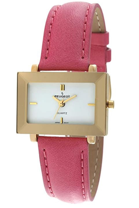 PEUGEOT Watch Women's 14KT Gold Plated Rectangular Faceted Mirror Edged Glass Bezel, Leather Strap