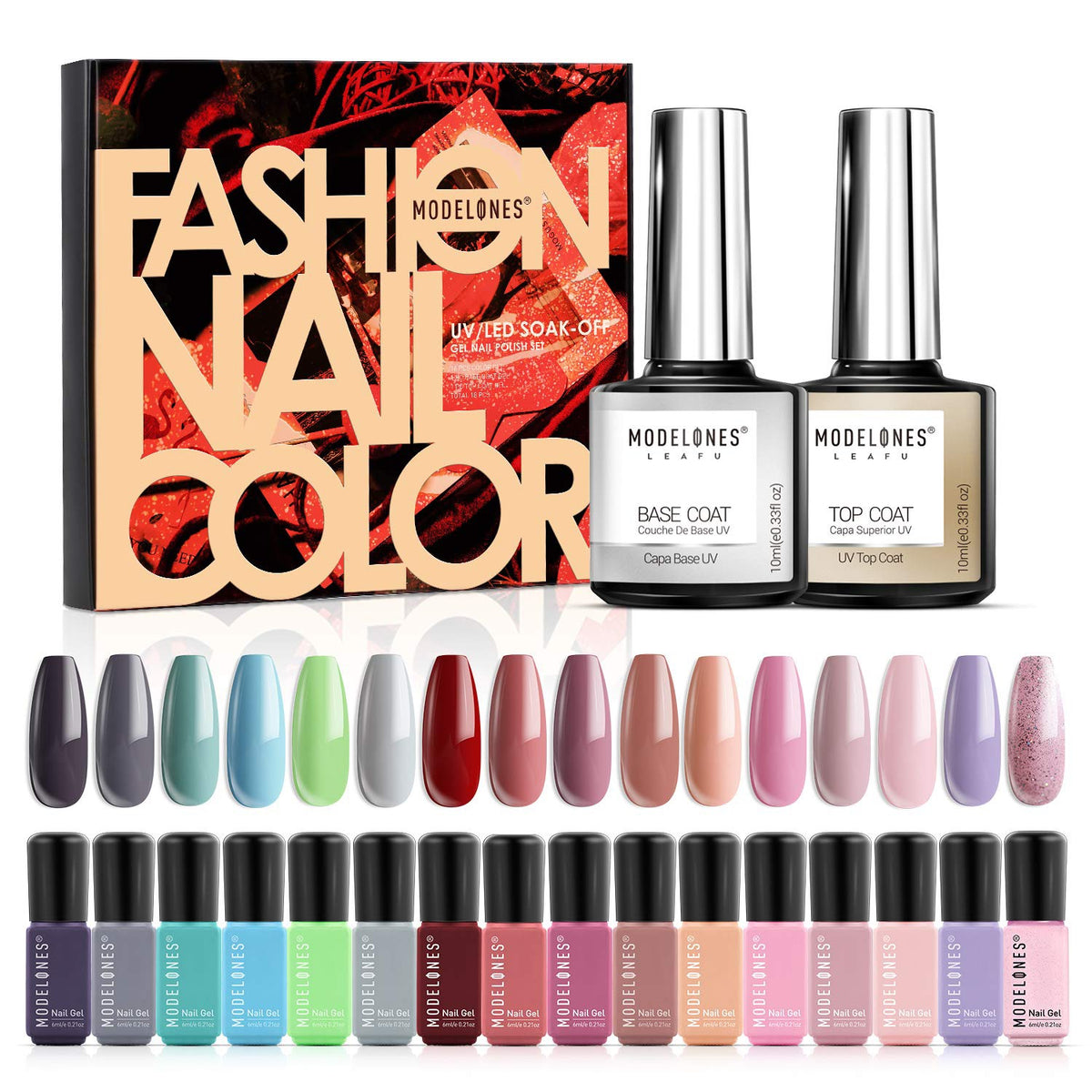 MODELONES Nails Gel Nail Polish Set, Fall Nude Gray, Red, Blue, Pink, 0.3 Fl OZ, Top & Base Coat, 16 Colors, 0.2 Fl OZ, Gel Nail Polish, Beginner Nail Polish Kit, Manicure Kit for Home Use