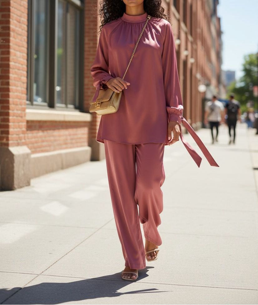 Pants Suit 2PC Set Satin Rose