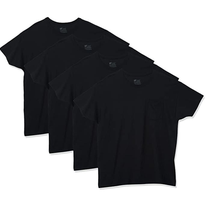 HANES Men T-SHIRT Black 4PACK Pocket Tagless