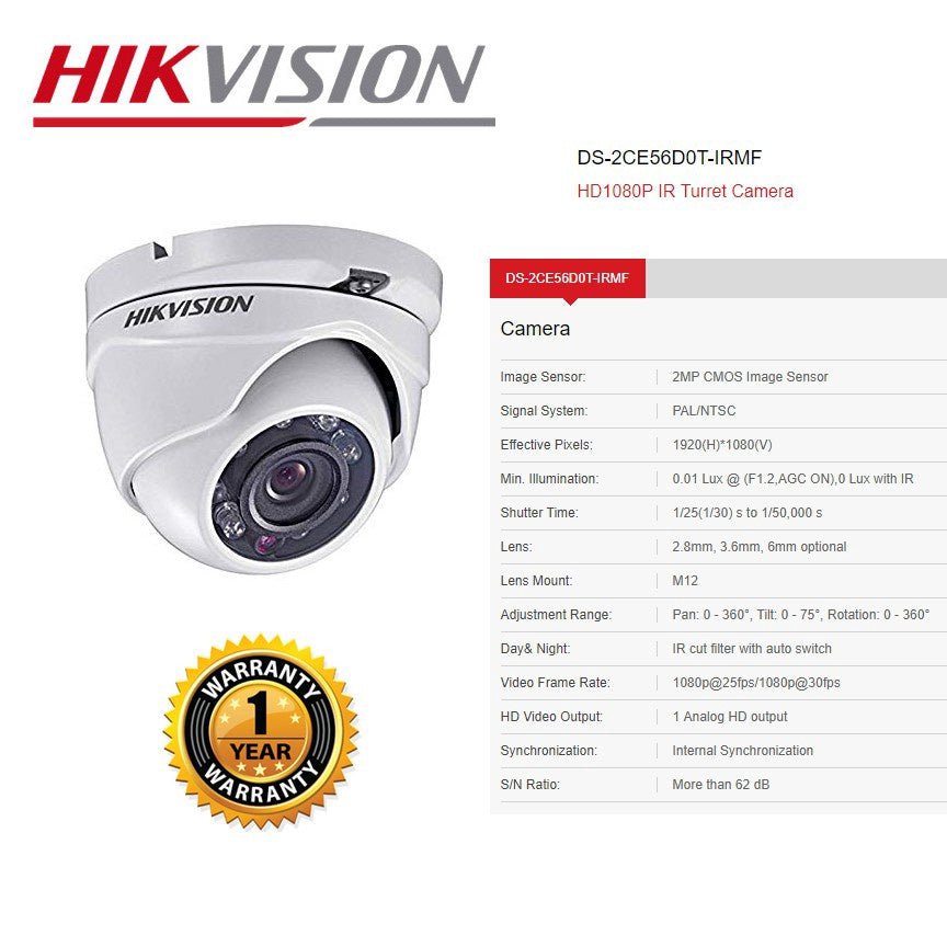 HIKVISION Security Camera Dvr DS-2CE56D0T-IRMF Turbo HD Dome