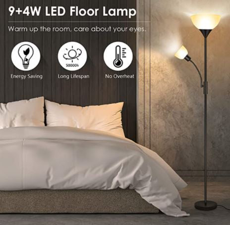 BOOSTAREA Floor Lamp 9W LED Torchiere Floor Lamp with 4W Adjustable Reading Lamp
