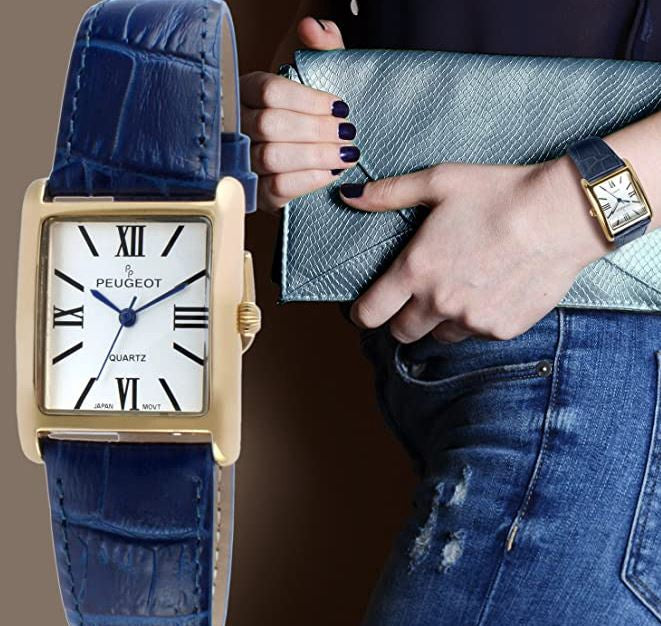 PEUGEOT Watch Women's 14K Gold Plated Leather Roman Numerals Dial Navy