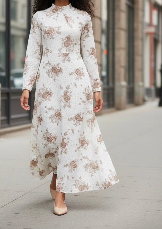 Dress Lined Chiffon Floral White / Brown / Black