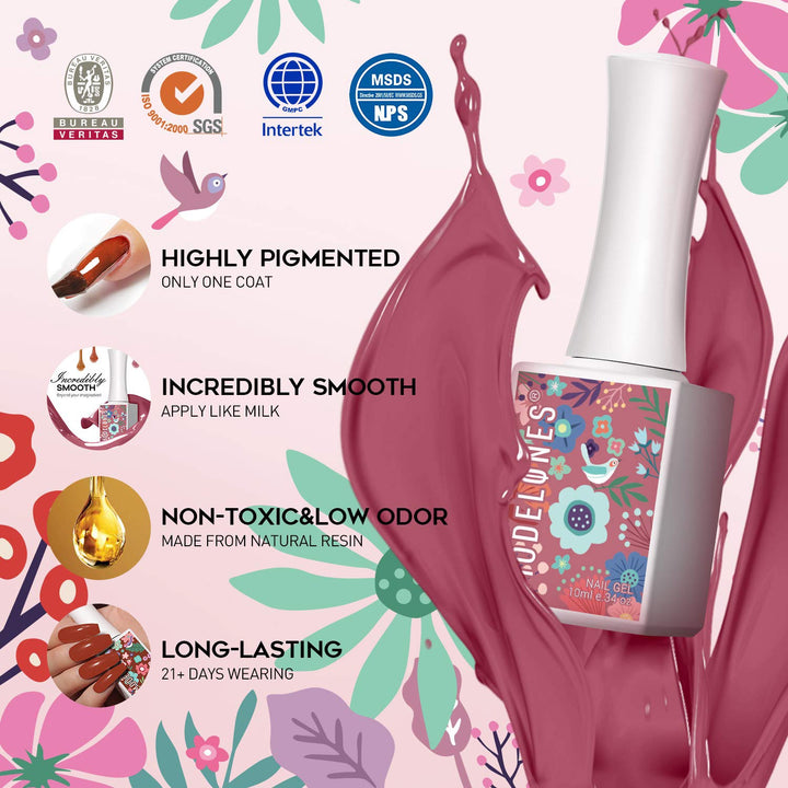 MODELONES Nails Gel Nail Polish Set - Secret Garden Vibrant Pink Purple Spring Color Collection 6-PIECE 0.3 Fl OZ Required Base Top Coat Soak Off Uv LED Gel Polish with Gift Box