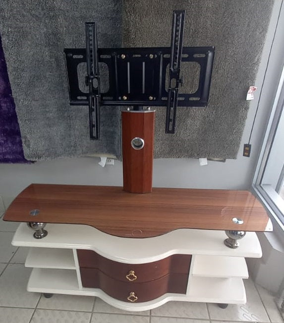 TV Stand Glass and Wood with Mount Brown and White with Draw