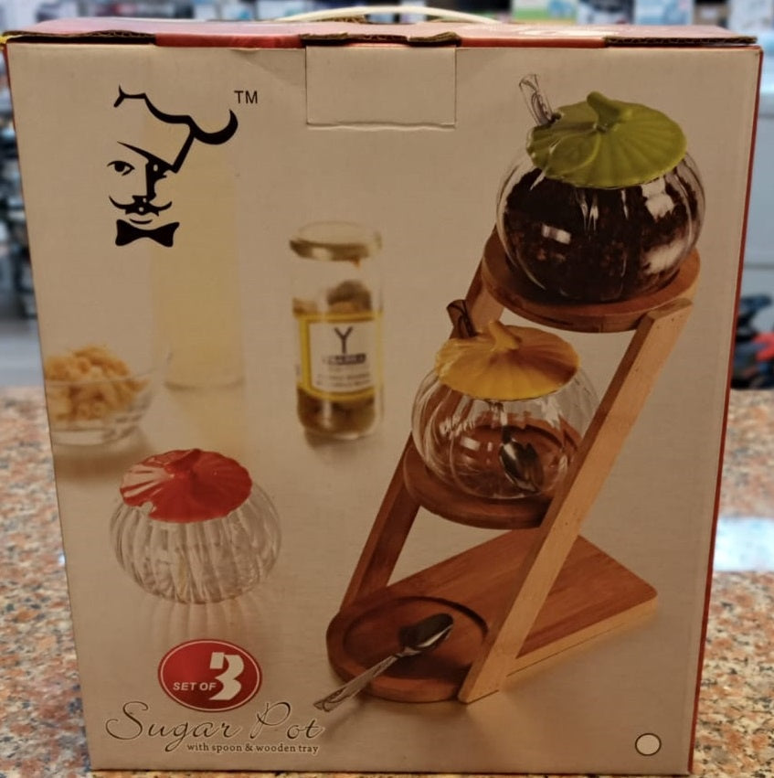 Sugar Pot 3PCS W/SPOON & Wooden Tray