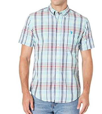 US POLO ASSN. Men Shirt Short Sleeve Button Down Us Polo Sea Mist Plaid