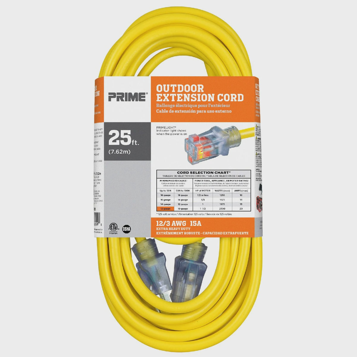 PRIME Extension Cord Outdoor 25' EC511825 12/3 Awg 15A