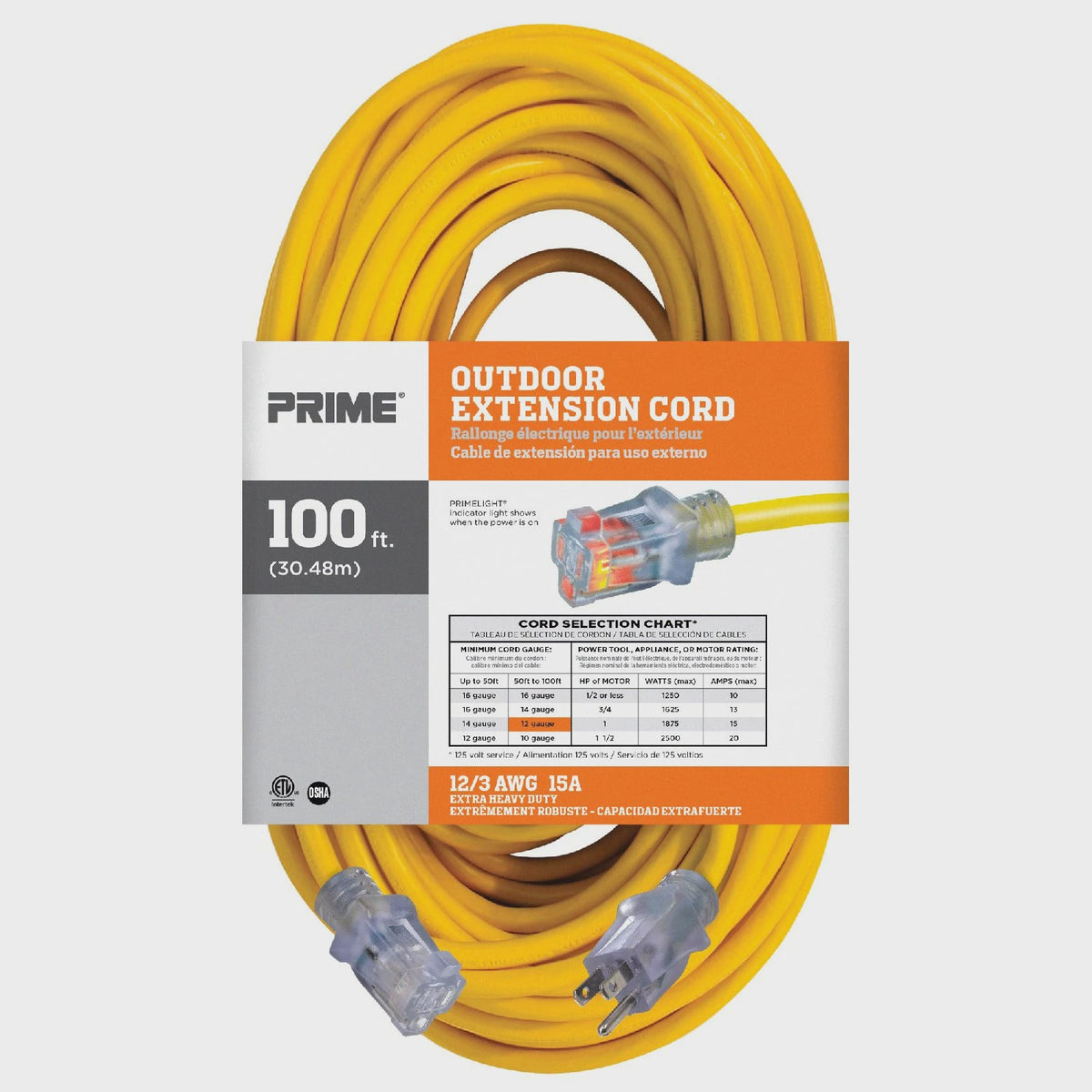 PRIME Extension Cord Outdoor 100' EC511835 12/3 Awg 15A