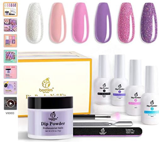 BEETLES Nails Dipping Powder Manicure Starter Kit, 6 Colors Lavender Collection PINK/PURPLE and Glitter