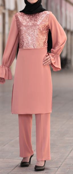 Pants Suit Set Sequin Bodice Dark Blush