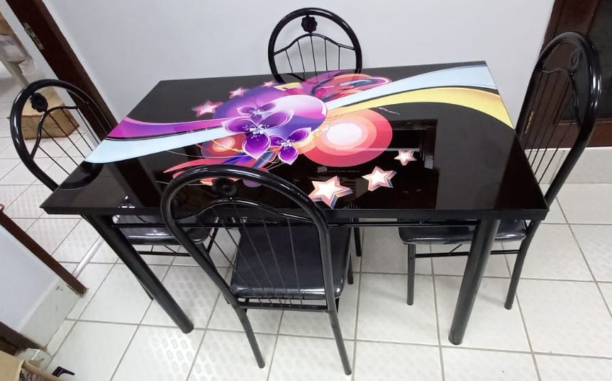 Glass Dining Table A31-M98-6 with 4 Chair Set Purple Flowers & Stars