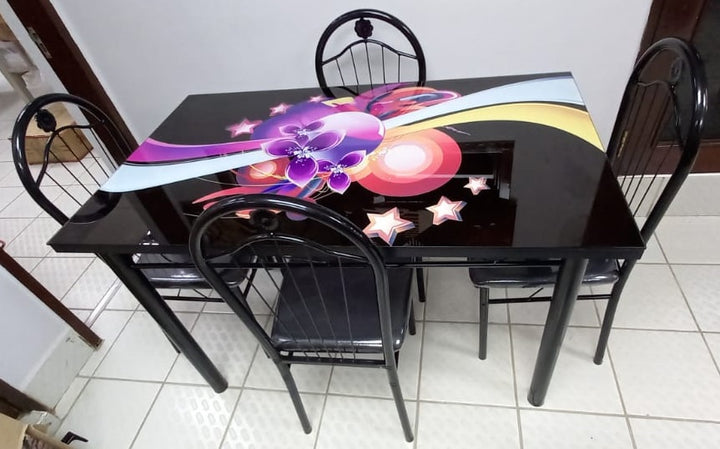 Glass Dining Table A31-M98-6 with 4 Chair Set Purple Flowers & Stars
