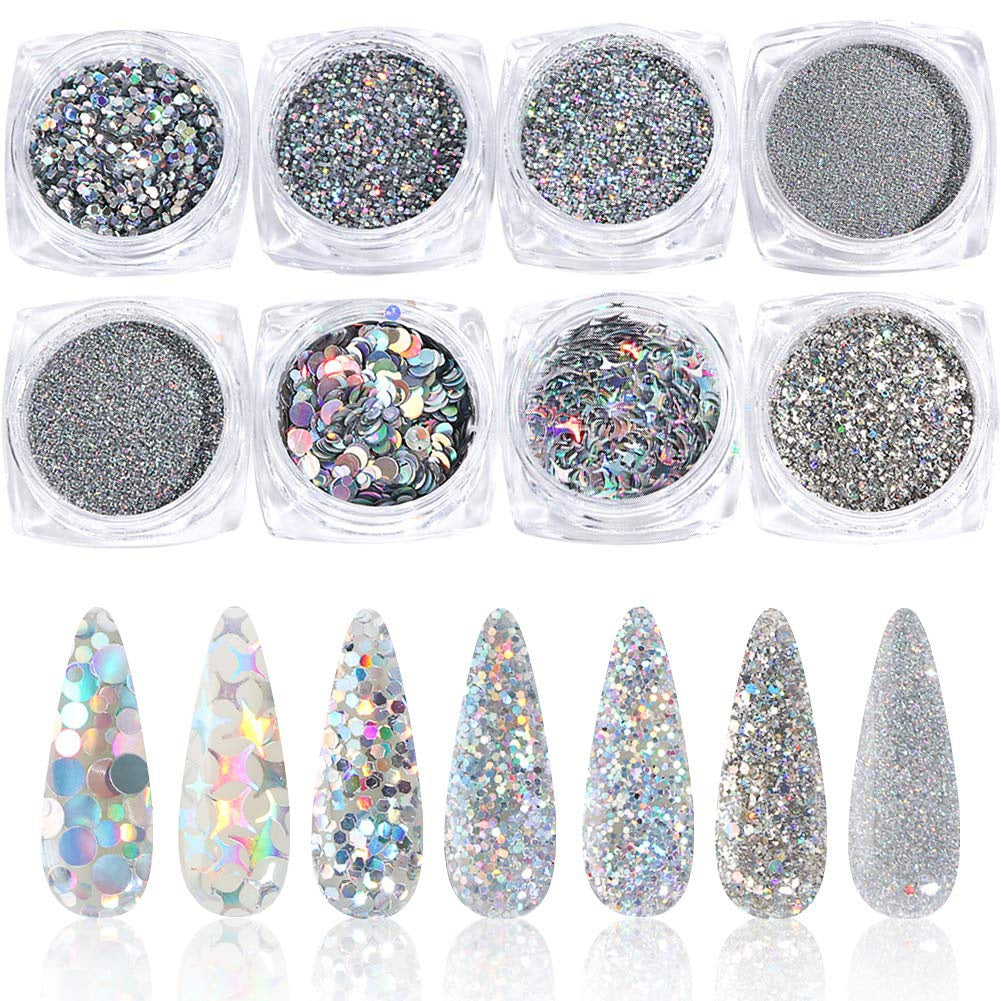 Nails Holographic Nail Art Sequins Glitter Kits, Kissbuty 8 Boxes Holographic Nails Powder Nail Art Sequins Metallic Shining Flakes Silver Nail Glitter Set for Nails Art Decoration Holographic Manicure